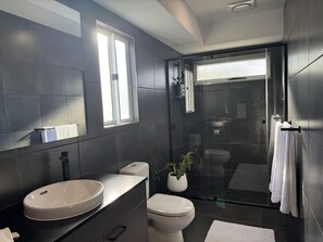 Hair dryer, towels, soap, toilet paper