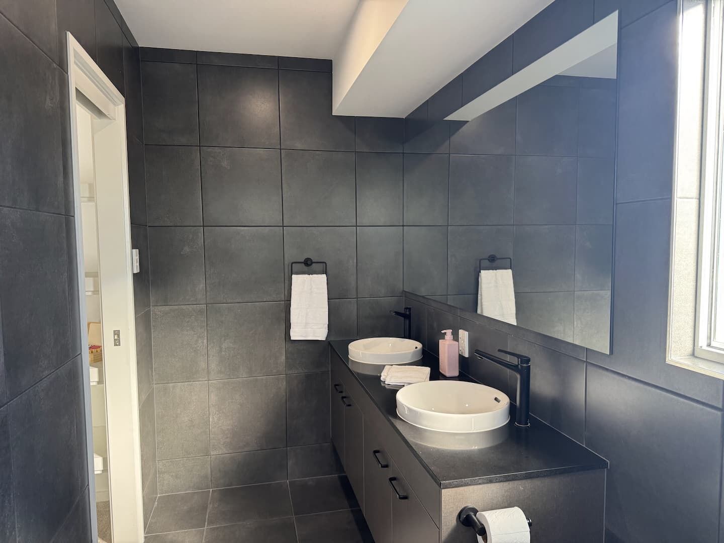 Hair dryer, towels, soap, toilet paper