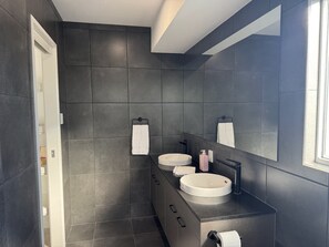 Hair dryer, towels, soap, toilet paper