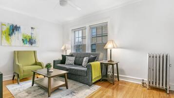 Classic Apartment, 1 King Bed | Living area | 55-inch TV with digital channels, streaming services