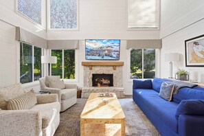 Smart TV, chimenea y libros