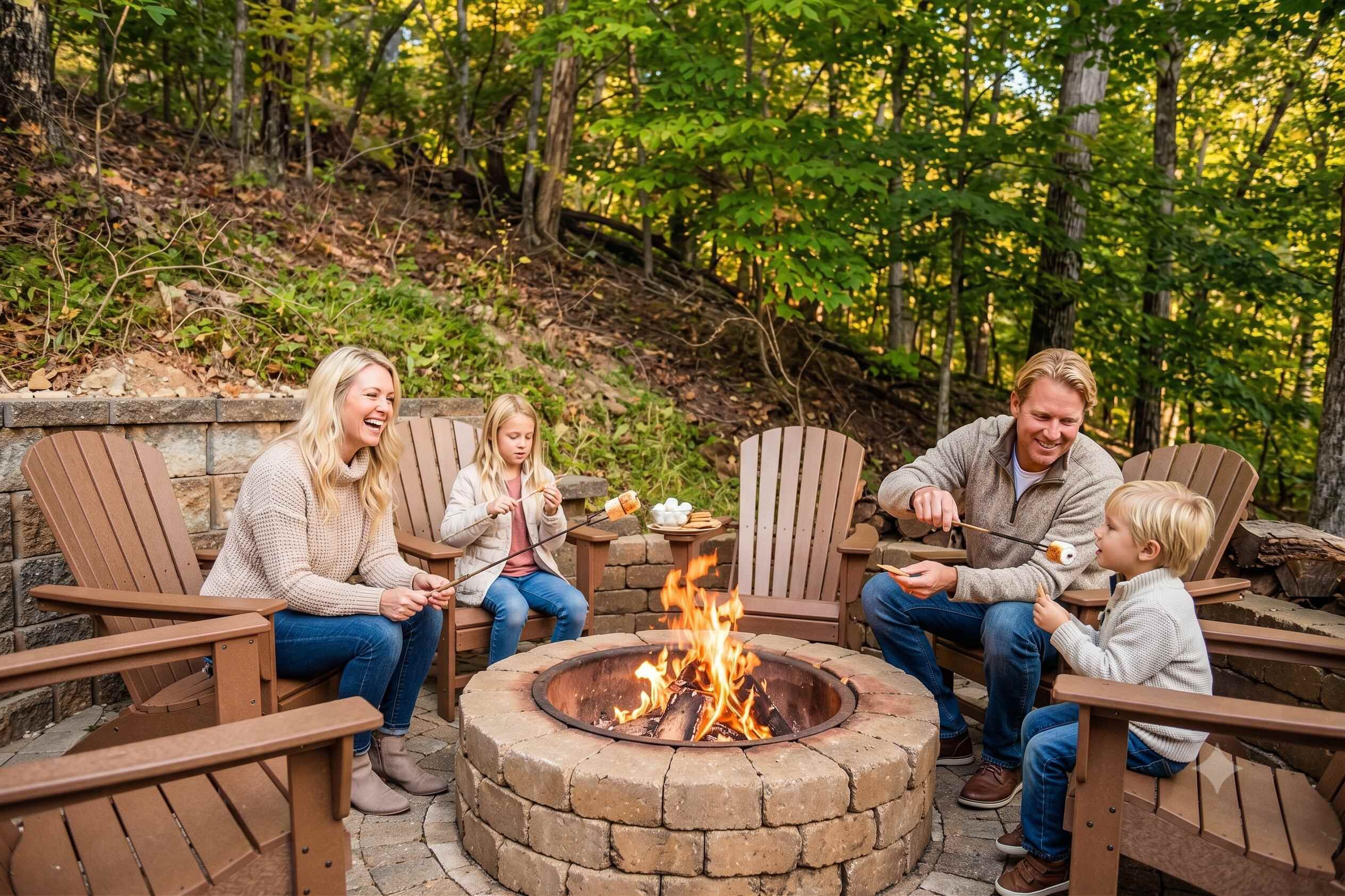 A family around a fire pit with chairs, in a wooded outdoor setting.