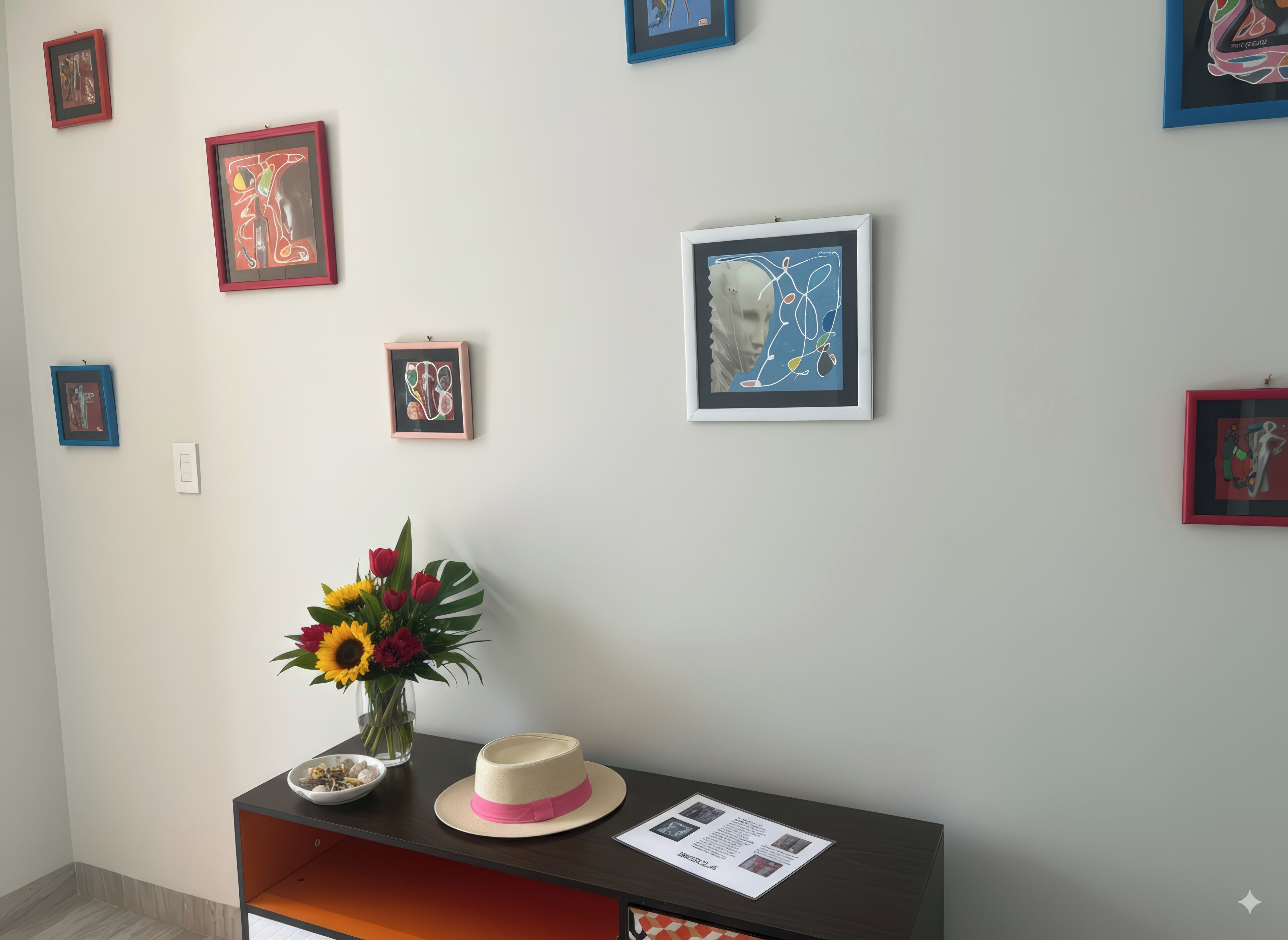 Une pièce dont un mur est décoré d’œuvres d’art encadrées, avec un vase rempli de fleurs et une table sur laquelle se trouvent un chapeau et une affiche.