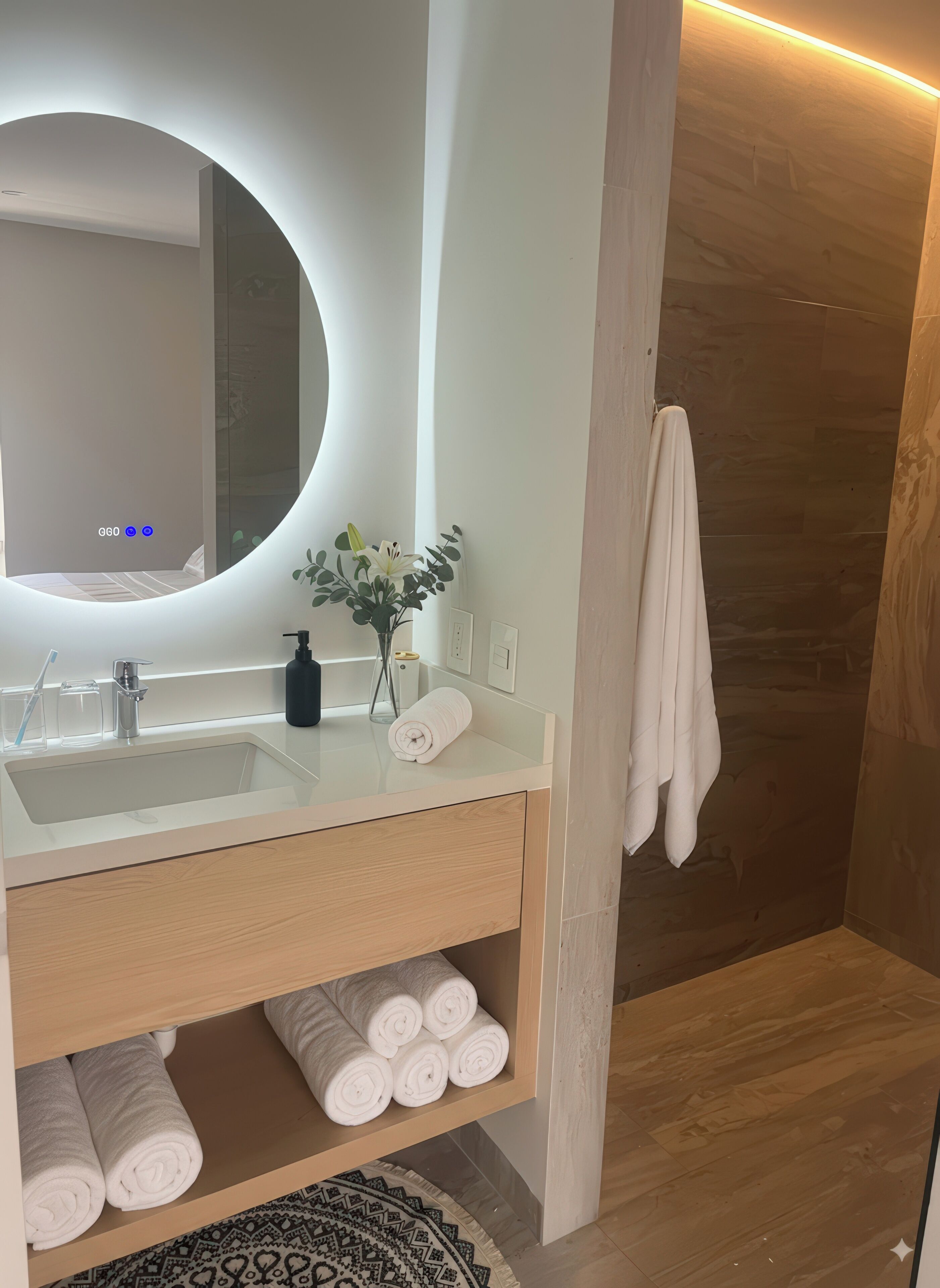 A modern bathroom with a white sink, mirror, and wooden vanity. There are towels and toiletries on the counter.
