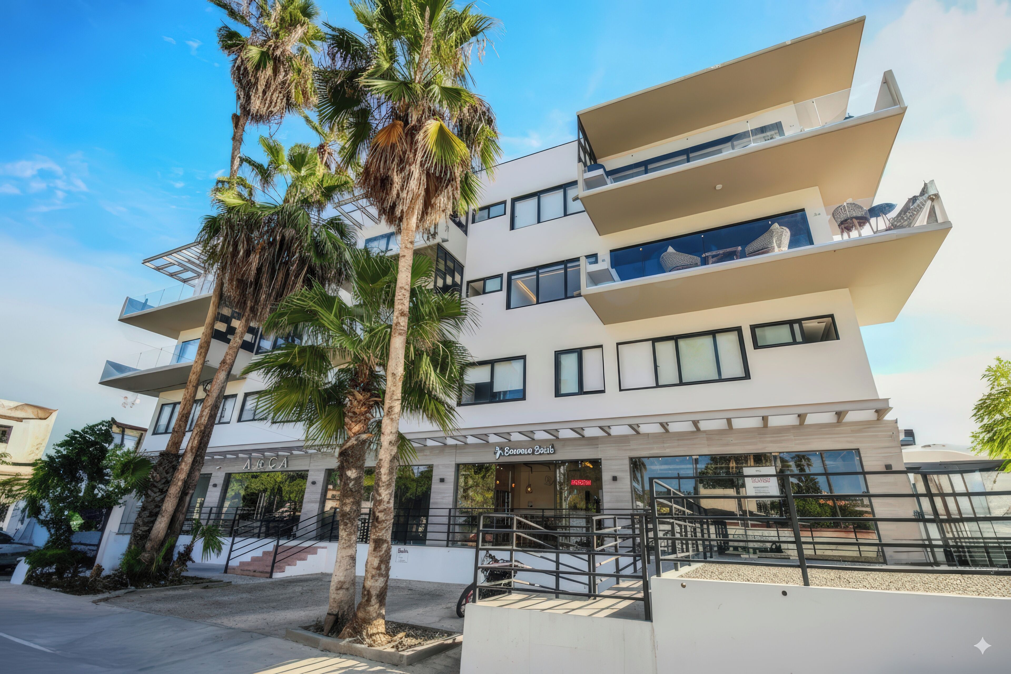 Un immeuble à plusieurs étages doté de balcons, d’une devanture de magasin et de palmiers.