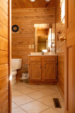 Een houten badkamer in een chalet, met toilet, wastafel en kast.