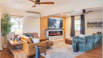 TV, fireplace, table football