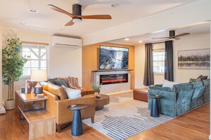 TV, fireplace, foosball