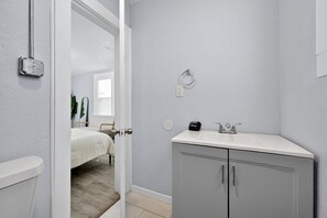 Hair dryer, towels, soap, shampoo