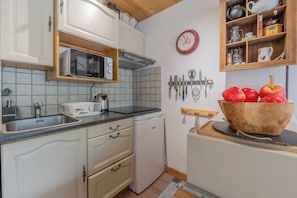 Fridge, microwave, stovetop, coffee/tea maker