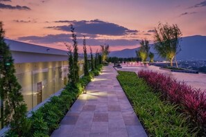A pathway lined with greenery and trees, leading to a building with a glass facade. - Astra Sky River Infinity Pool Sky City Apartment (Chiang Mai)