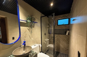 Dusche, Haartrockner, HandtĂŒcher, Toilettenpapier