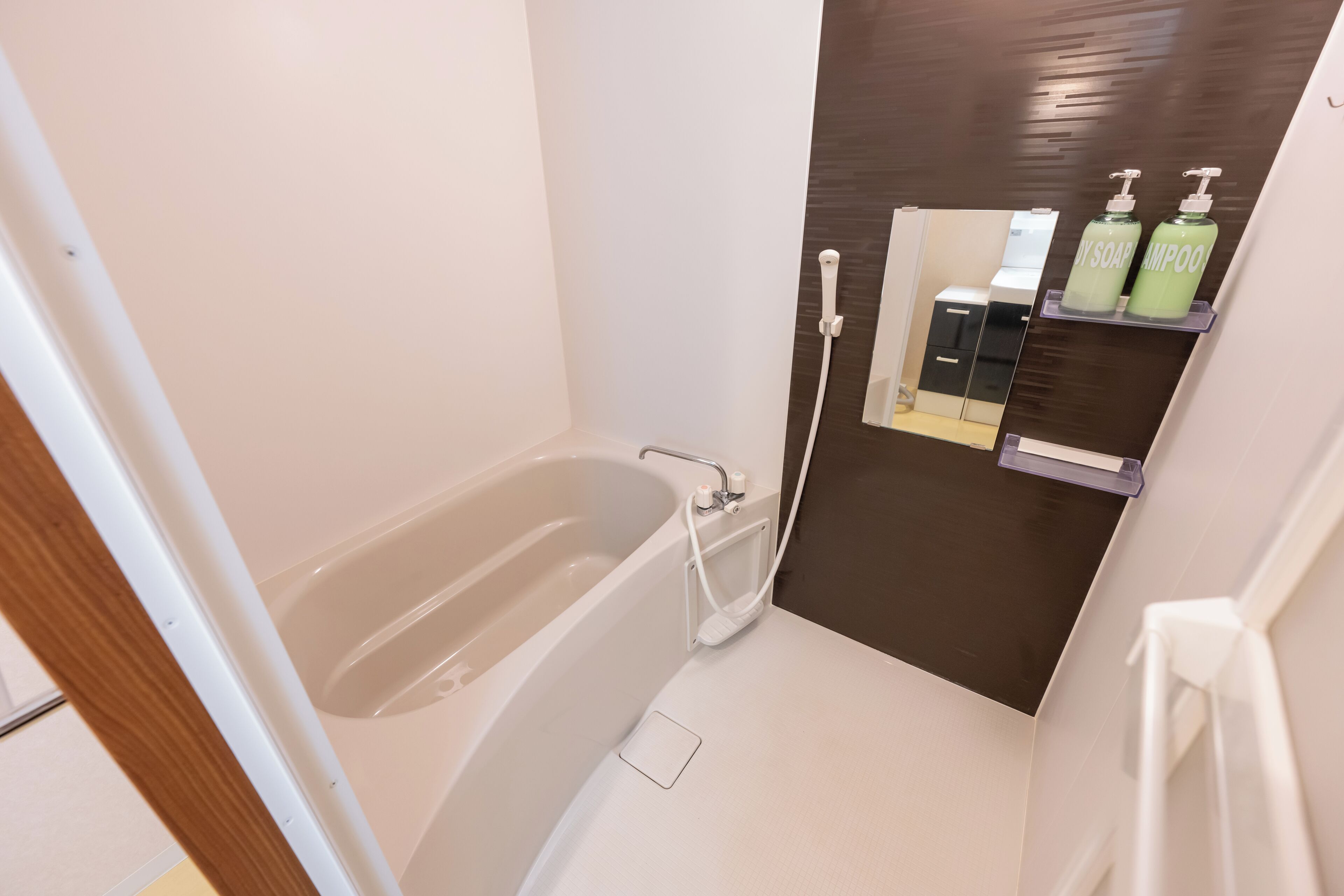A modern bathroom with a bathtub, a shower, and a mirror. There are two bottles of shampoo and soap on the wall.