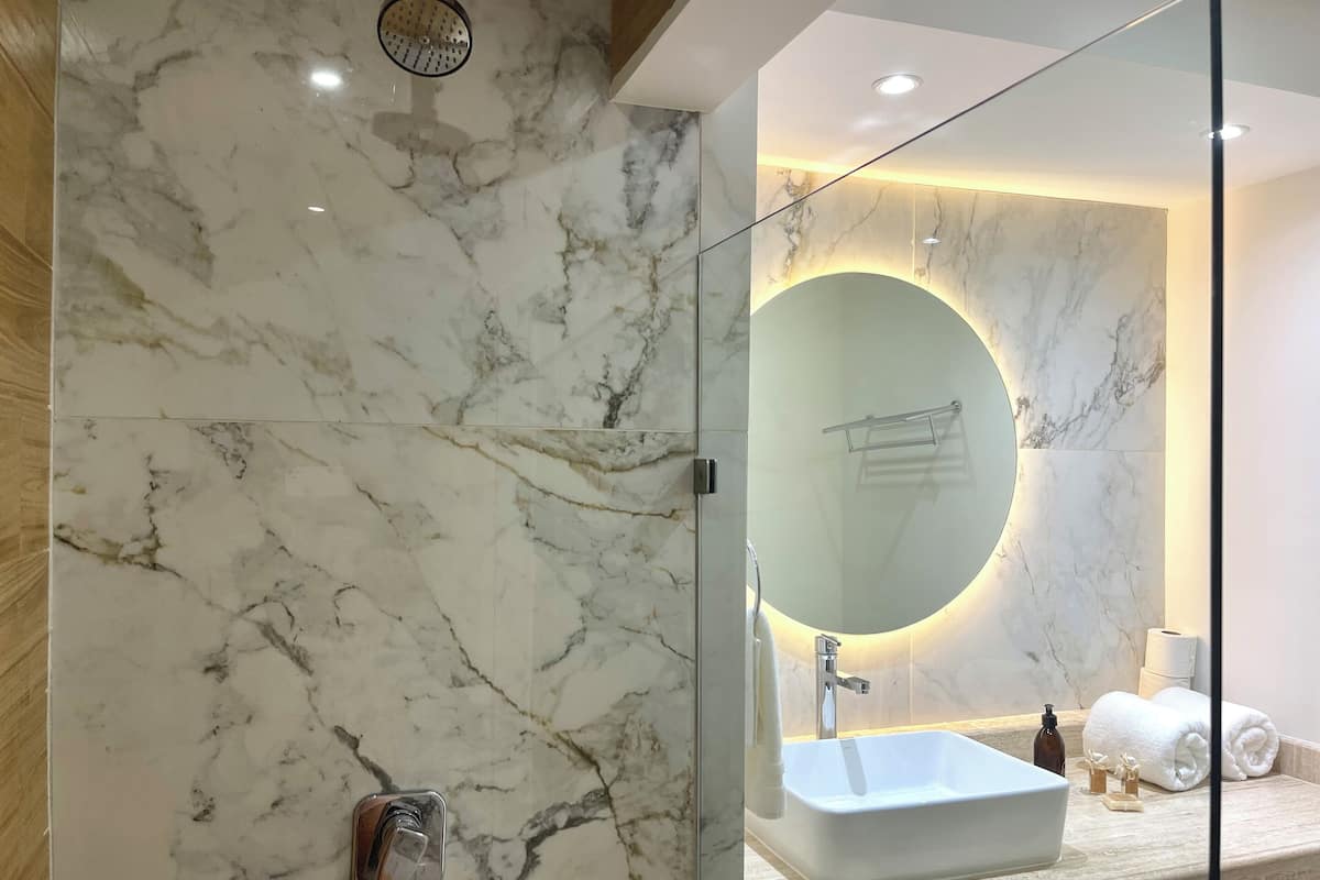 Dusch, gratis toalettartiklar, hårtork och handdukar