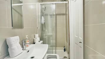 Hair dryer, towels, soap, toilet paper