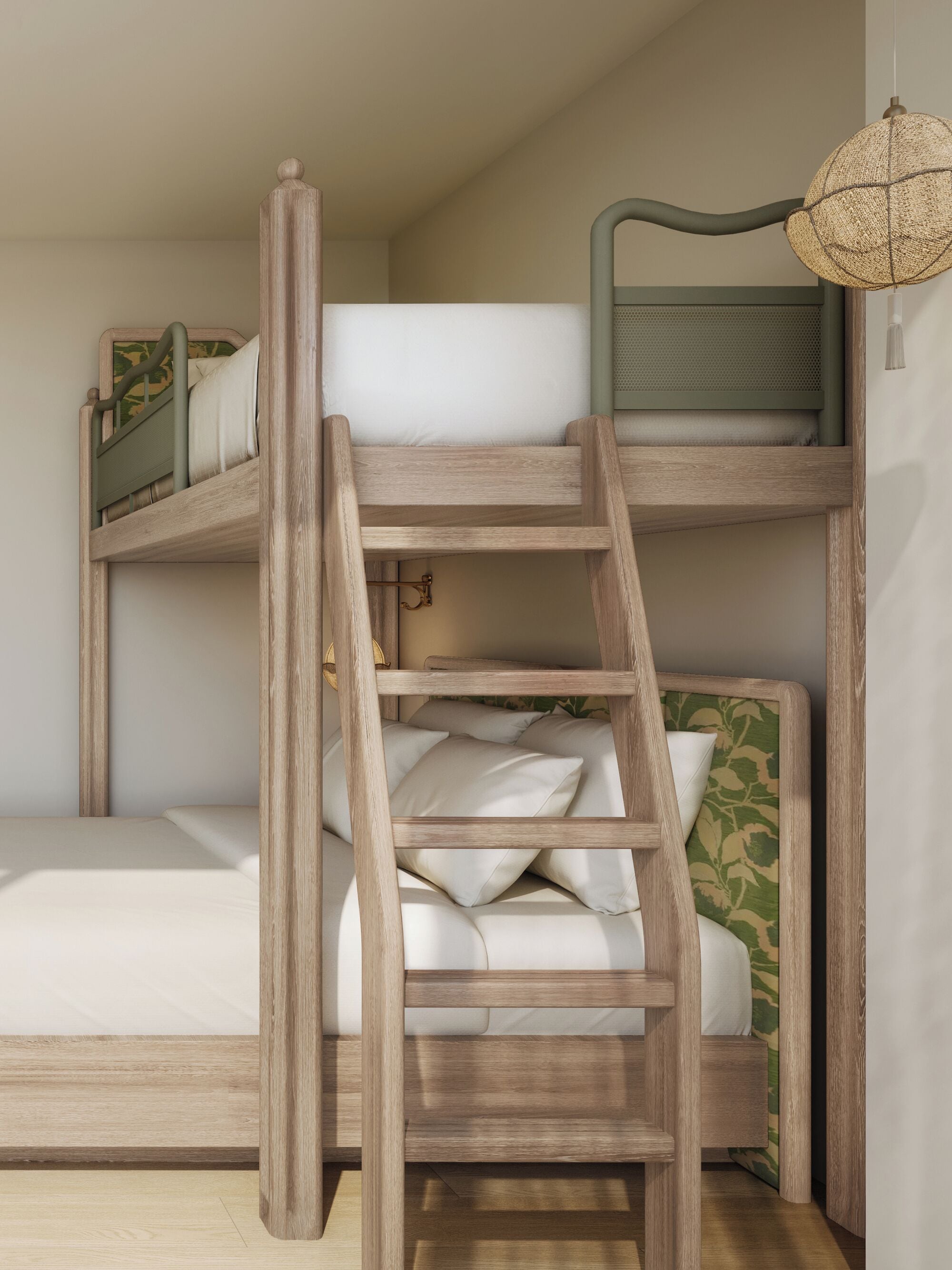 Una cama individual con escalera de madera, cabecera verde y lámpara de fibra.