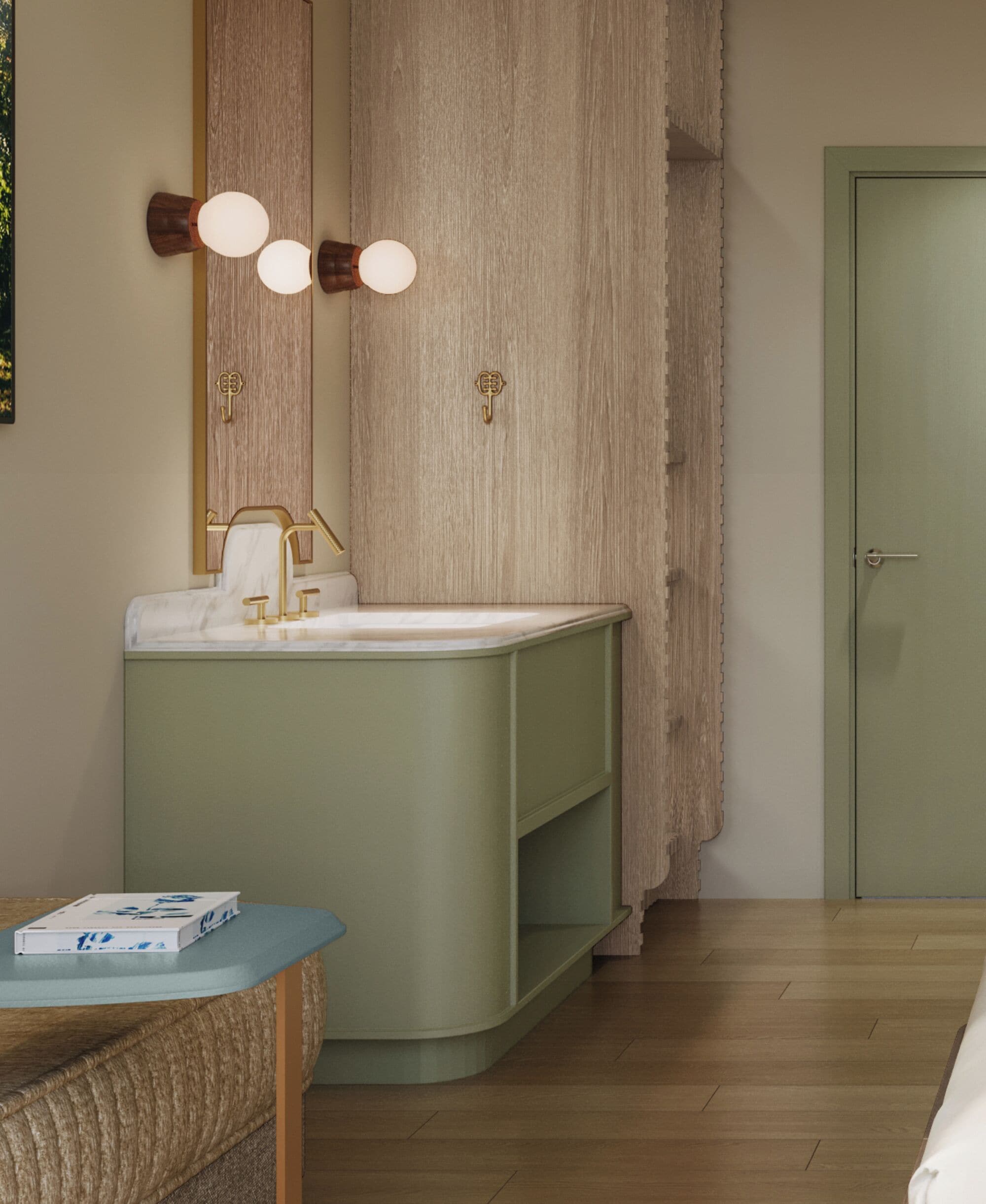 A bathroom with a sink, mirror, and a door.