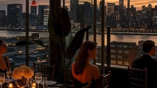 A dining area with a table set for four, overlooking a city skyline at sunset. - Z Hotel New York (Long Island City)