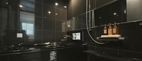 Hair dryer, bathrobes, towels, shampoo