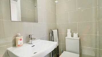 Hair dryer, towels, soap, toilet paper