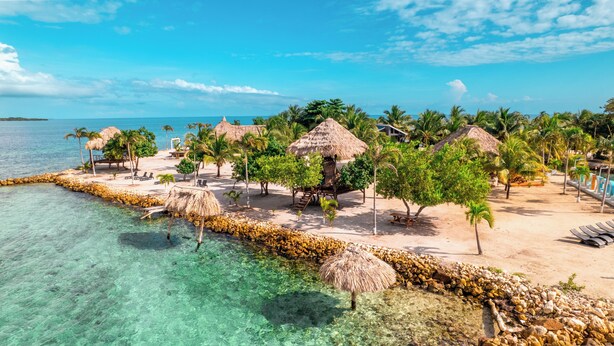A beach resort with thatched-roof huts, palm trees, and clear turquoise water. - Bullock Island, Belize (Placencia)