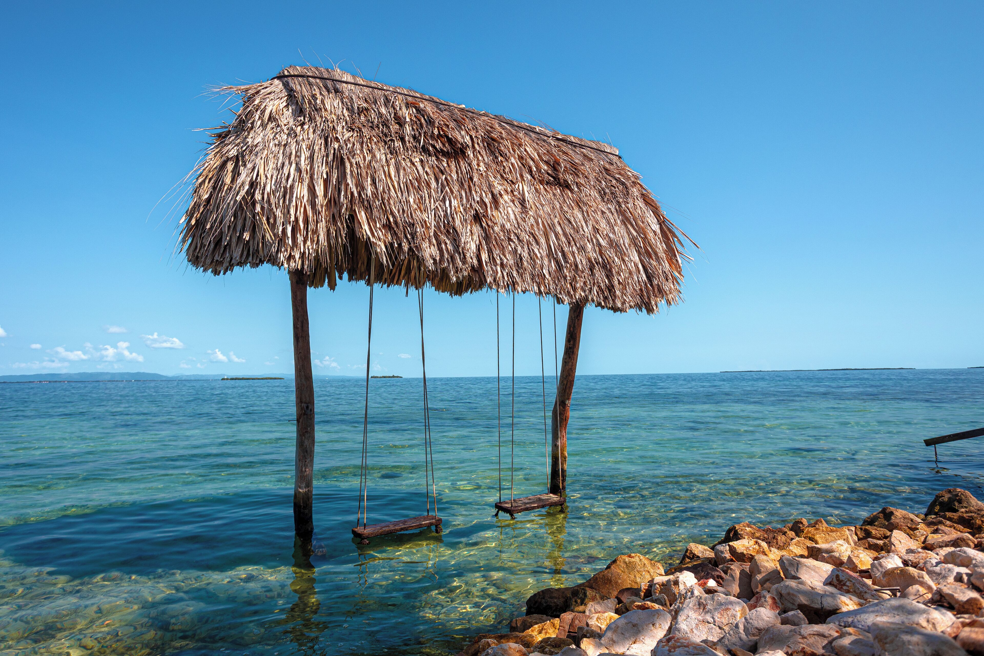 A thatched-roof structure with swings over clear water.