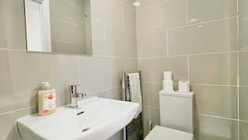 Hair dryer, towels, soap, toilet paper