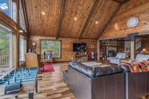 TV, fireplace, books, offices