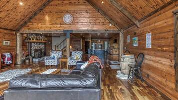 TV, fireplace, books, offices