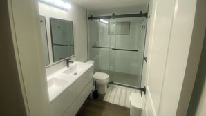 A modern bathroom with a glass shower enclosure, a white sink, and a toilet. - Haddock Heights (Williams Lake)