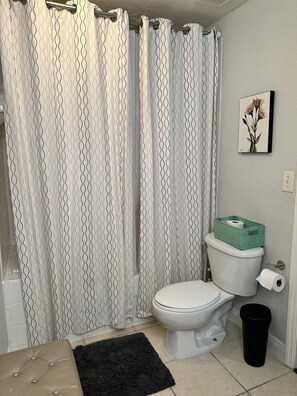 Hair dryer, towels, soap, toilet paper