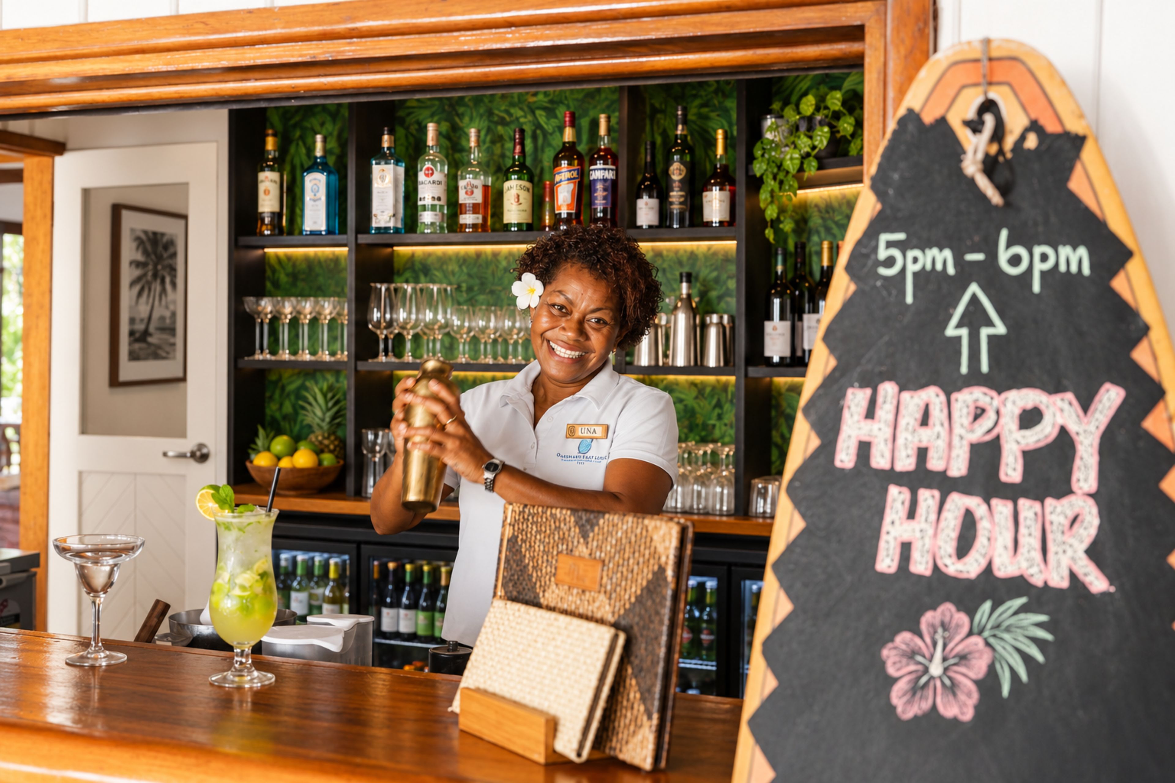 A bar area with a bartender, shelves of liquor bottles, glasses, and a chalkboard sign indicating happy hour.