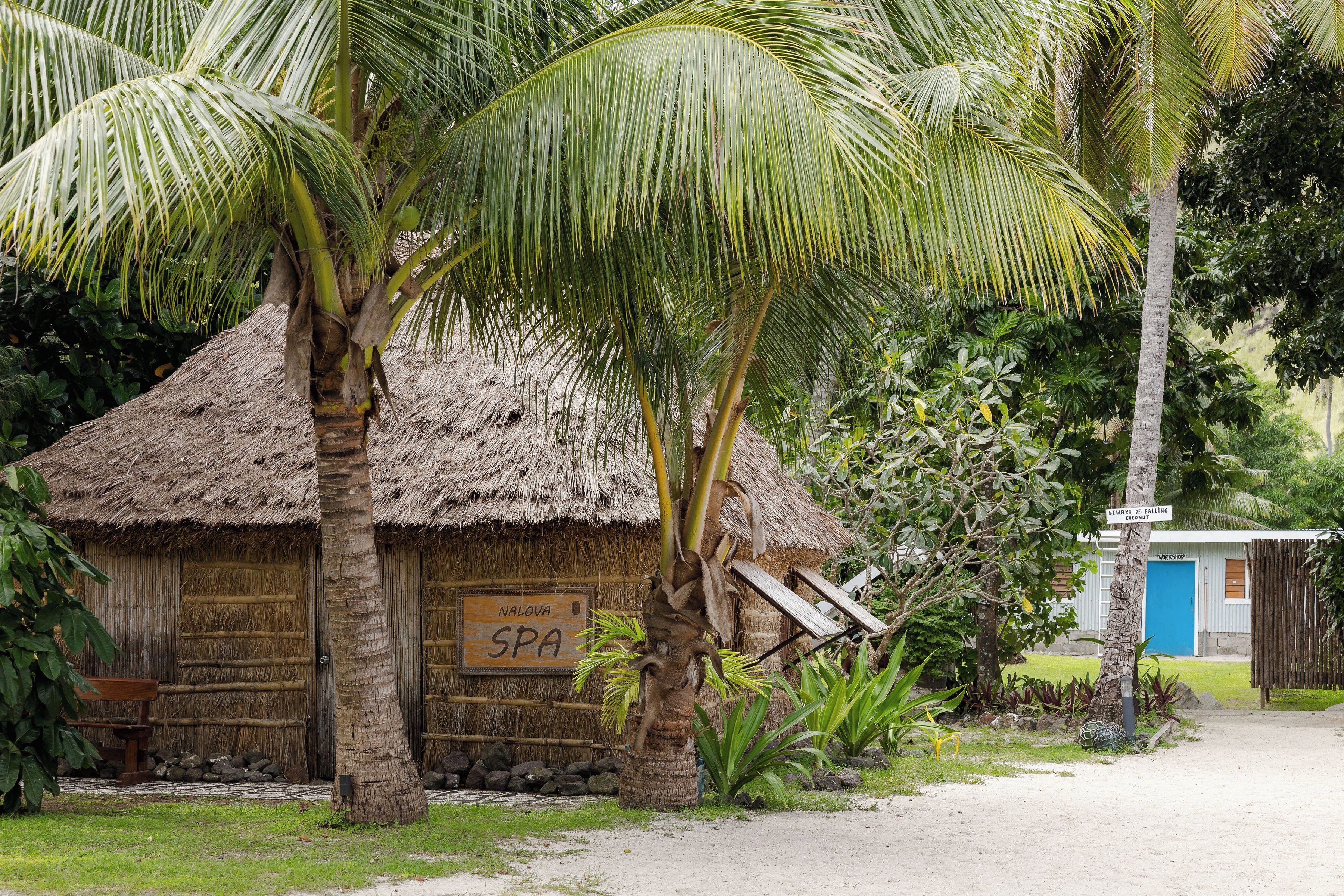 A rustic thatched-roof building labeled 'Spa' with a palm tree in front.