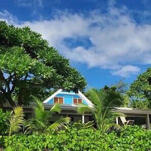 Uma casa com telhado azul e paredes brancas, rodeada por vegetação exuberante.