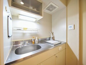 Kühlschrank, Mikrowelle, Herdplatte, Kochgeschirr/Geschirr/Besteck