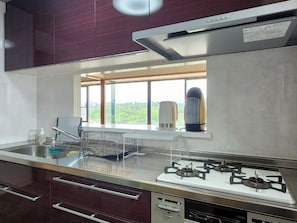 Fridge, microwave, stovetop, cookware/dishes/utensils