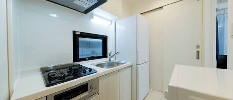 Fridge, microwave, stovetop, cookware/dishes/utensils