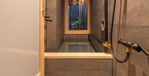 A narrow shower area with a glass door, tiled walls, and a visible plant outside.