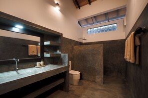 A modern bathroom with a large mirror, a sink, a toilet, and a shower area.