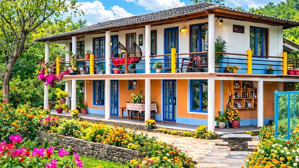 Un edificio de dos pisos con balcones, plantas en macetas y un camino de piedra.