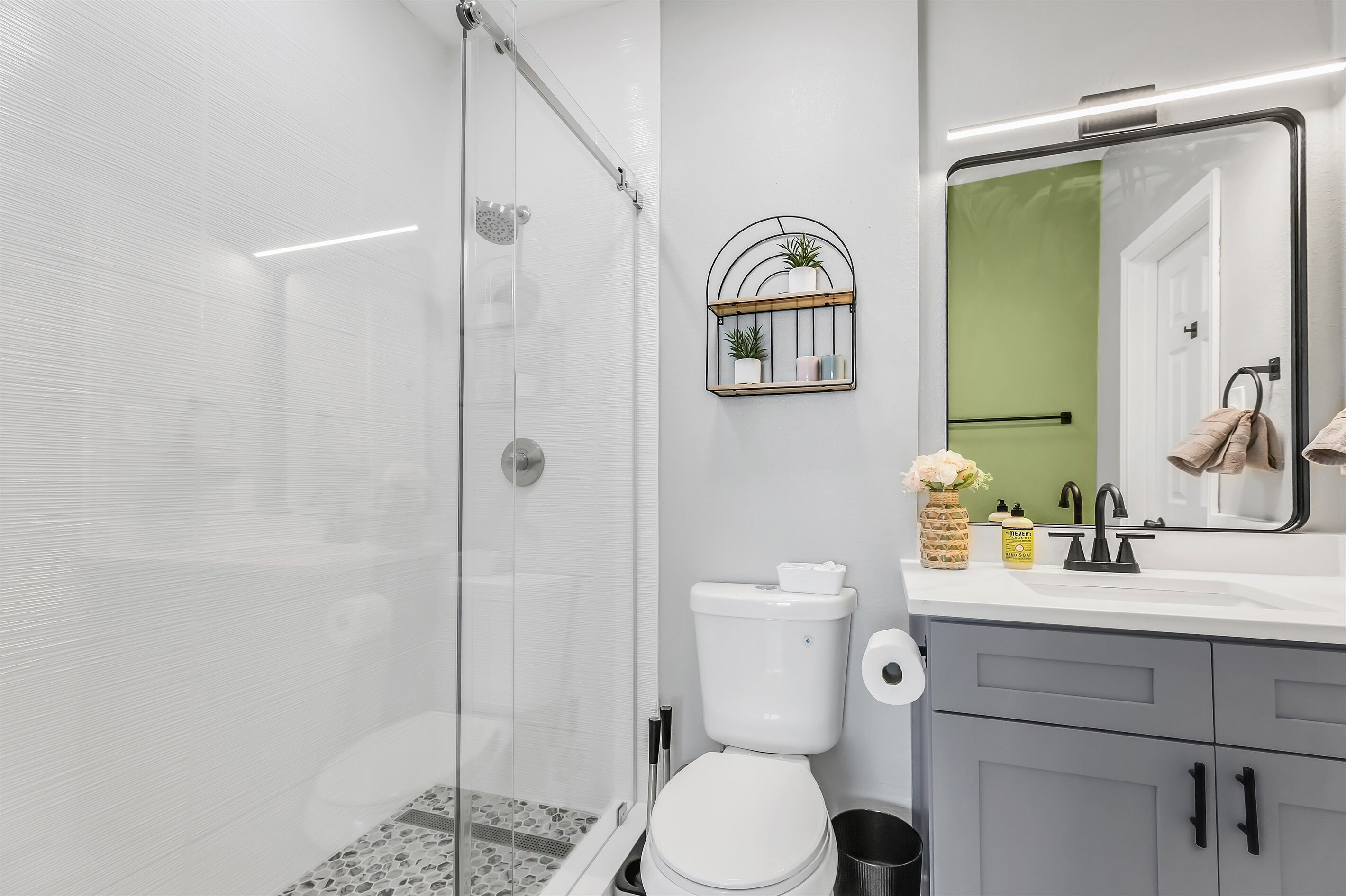 Shower, hair dryer, towels