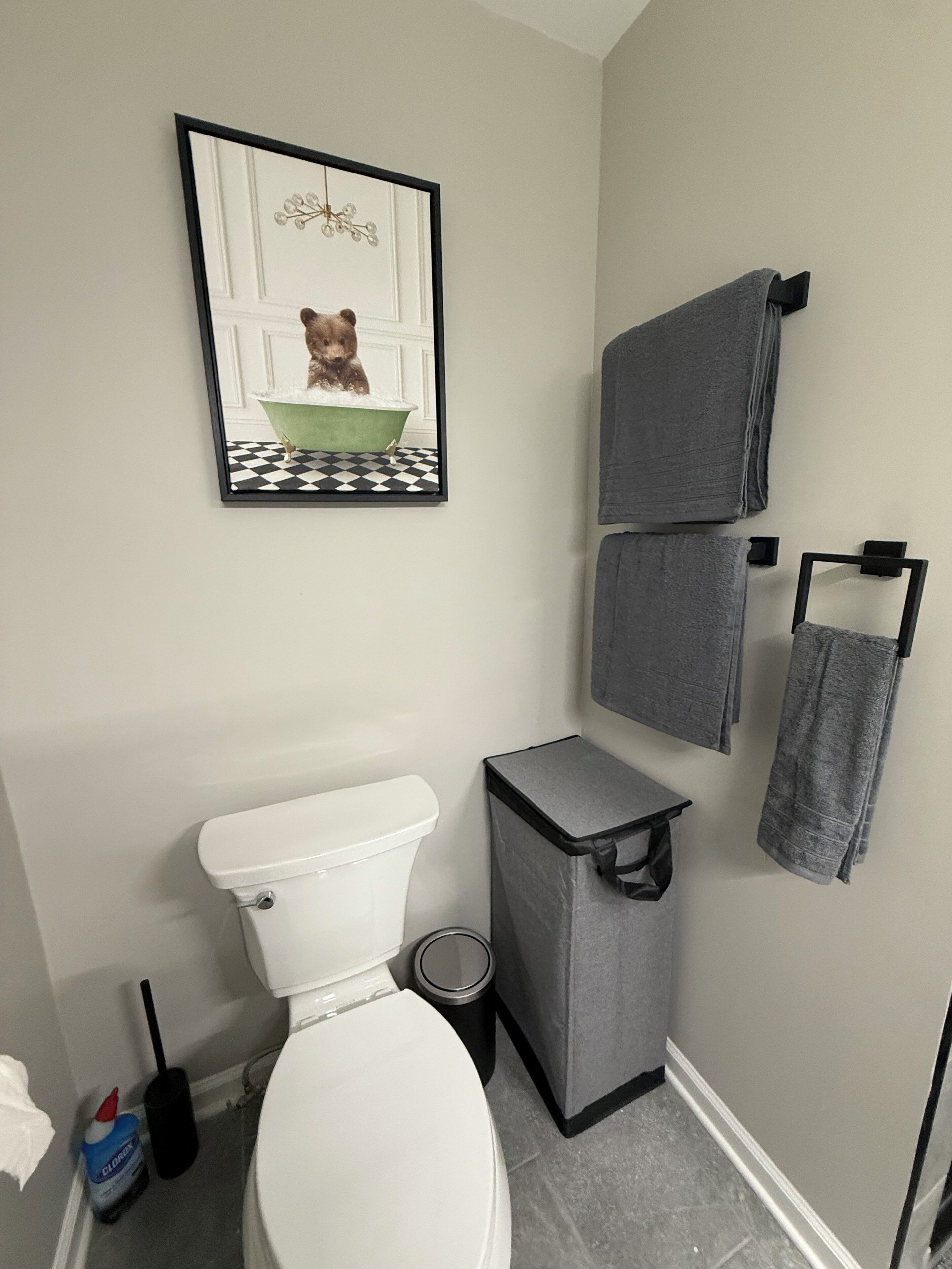 Shower, hair dryer, soap