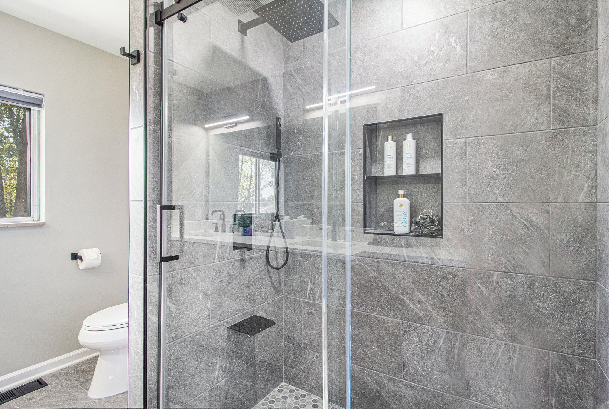 Shower, hair dryer, soap