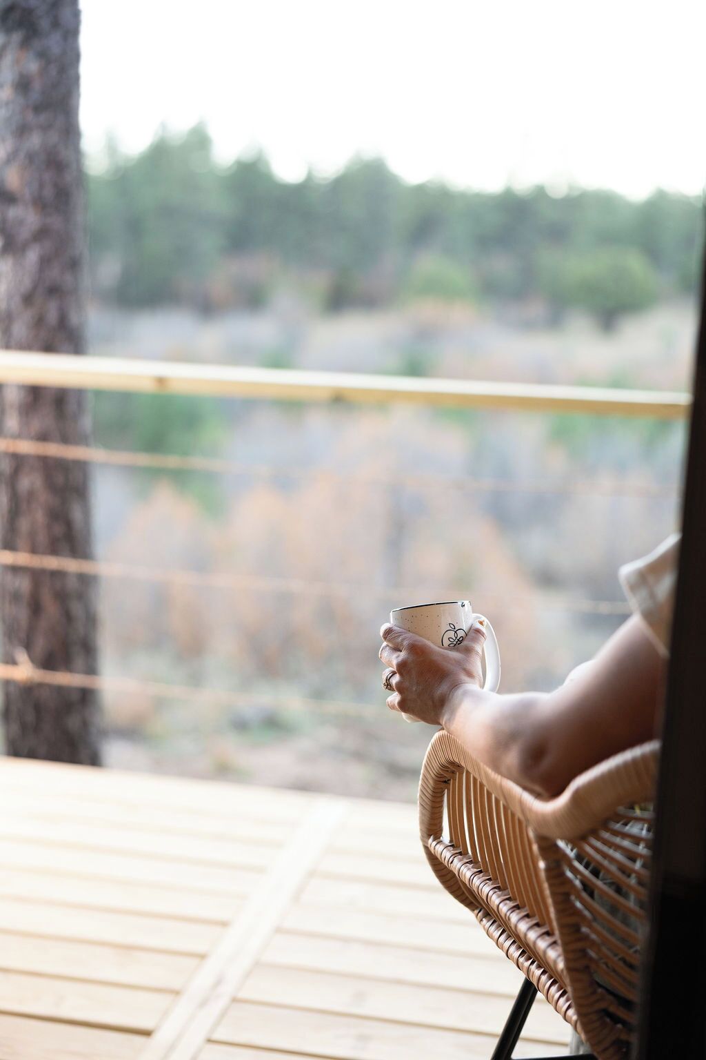 Eine Person hält eine Tasse, sitzt auf einem Korbstuhl und blickt durch ein Fenster auf eine natürliche Landschaft.