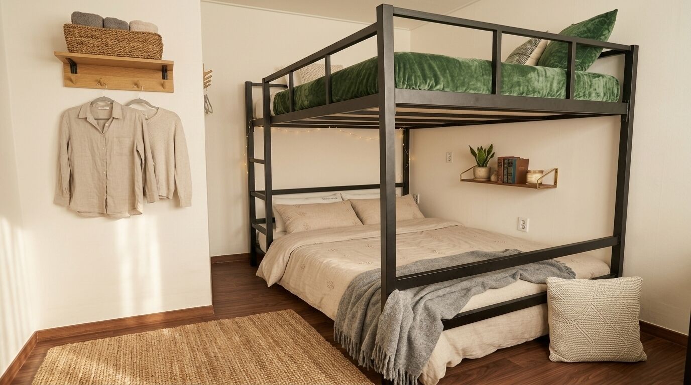 Una cama litera con estructura de madera, un almohadón verde, una manta color beige, una cesta tejida en un estante y una pequeña planta también en un estante.