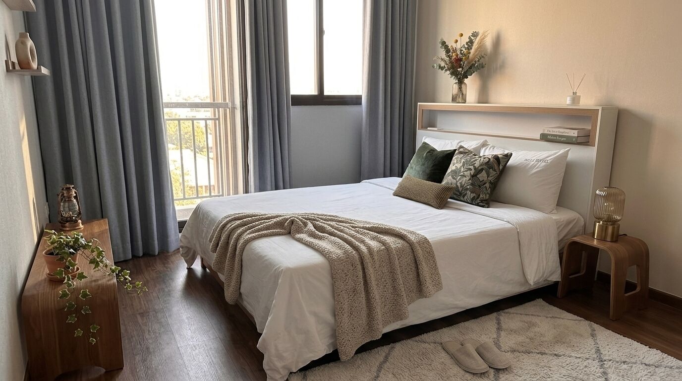 A bedroom with a bed, a bedside table, a nightstand, a window with curtains, and a view outside.
