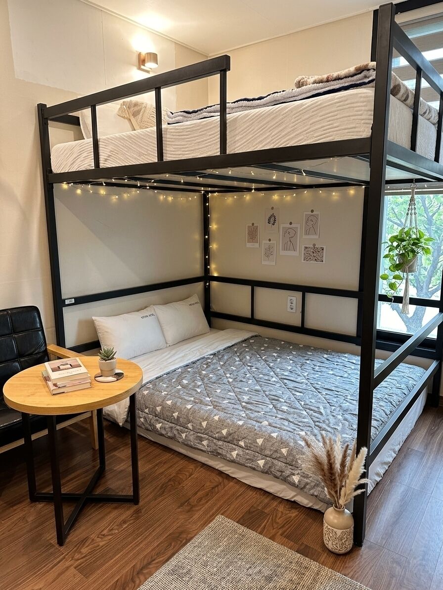 Ein Schlafraum mit Etagenbett, Schreibtisch, Stuhl und Blumentopf.