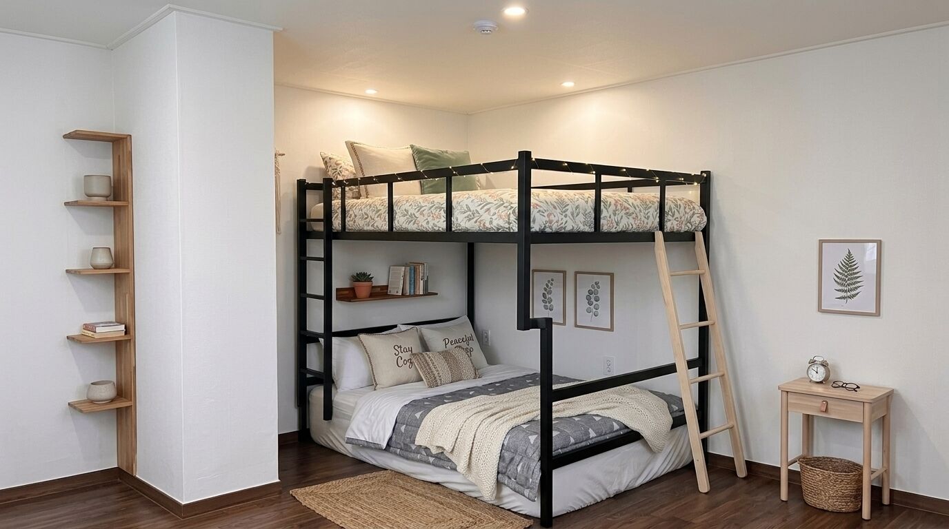 Una cama litera con escalera, una mesita con un reloj, y una repisa con libros y una planta.