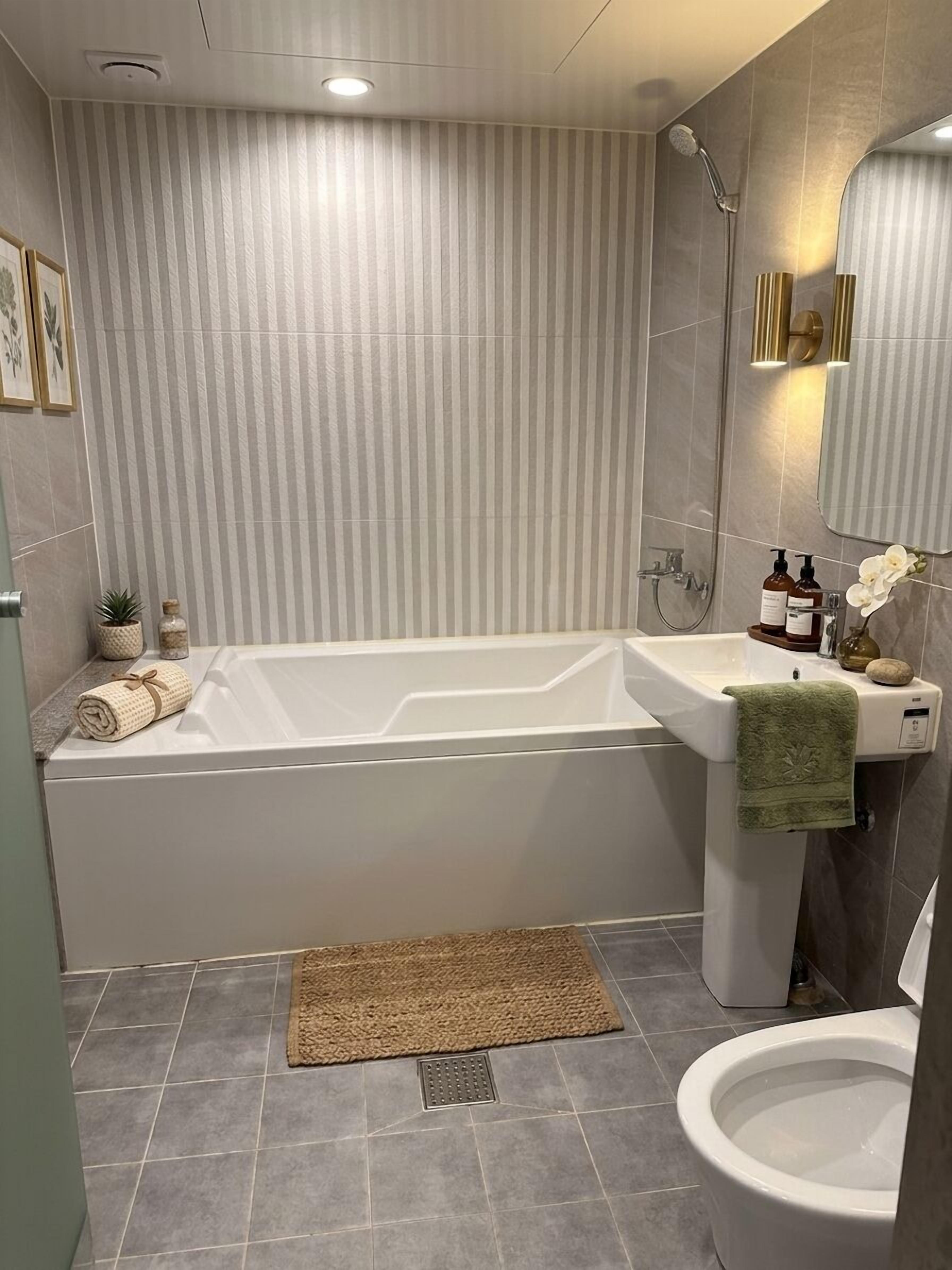 Une salle de bain moderne avec une baignoire, un lavabo et des toilettes.