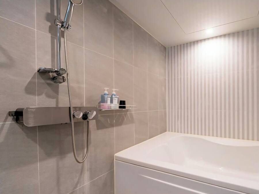 Douche, séchoir à cheveux, serviettes fournies, savon